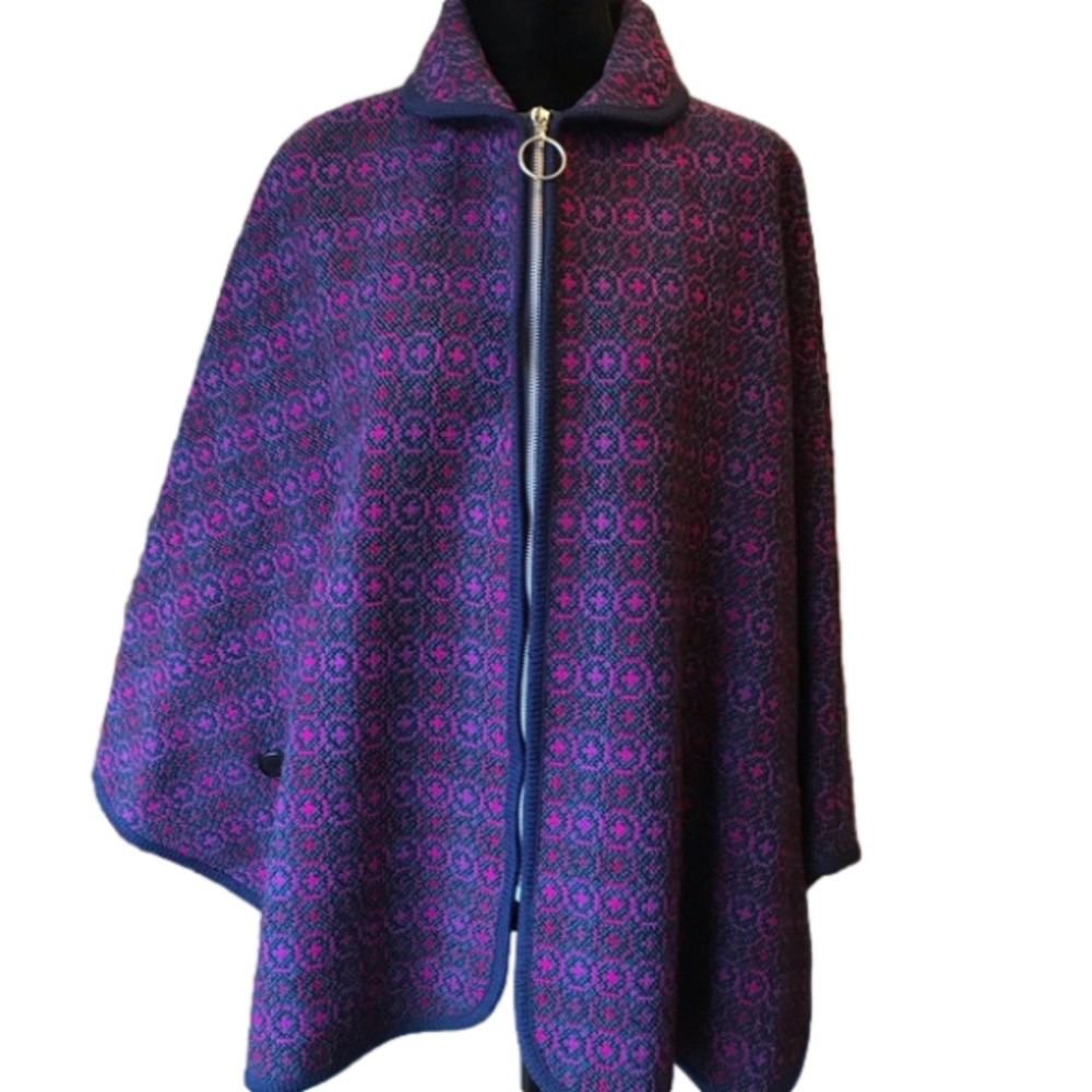 Vintage cape/ poncho. Women’s one size. Woven in vibrant blues, purples, pinks.